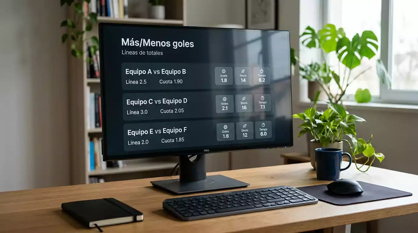 Pantalla con estadísticas de goles y líneas over under para apuestas de fútbol